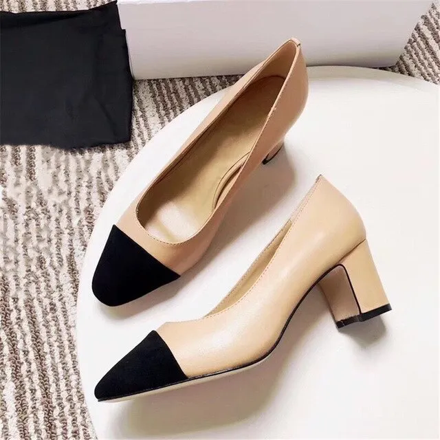 Women's Shoes Genuine Leather Shoes For Woman Low Heels Pumps Slip On Round Toe Thick Square Heels Plus Size 34-42