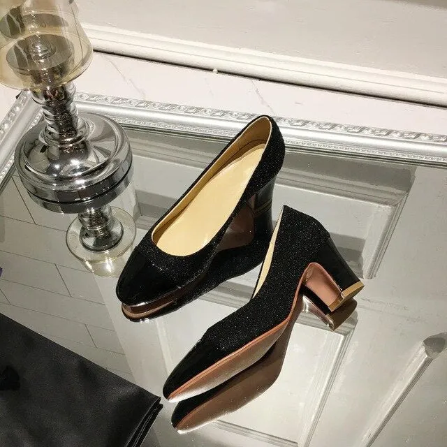 Women's Shoes Genuine Leather Shoes For Woman Low Heels Pumps Slip On Round Toe Thick Square Heels Plus Size 34-42