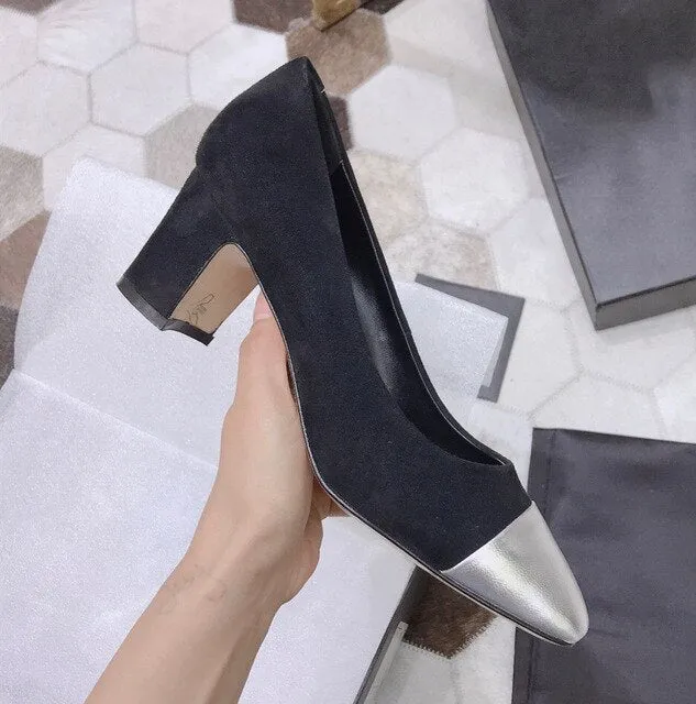Women's Shoes Genuine Leather Shoes For Woman Low Heels Pumps Slip On Round Toe Thick Square Heels Plus Size 34-42