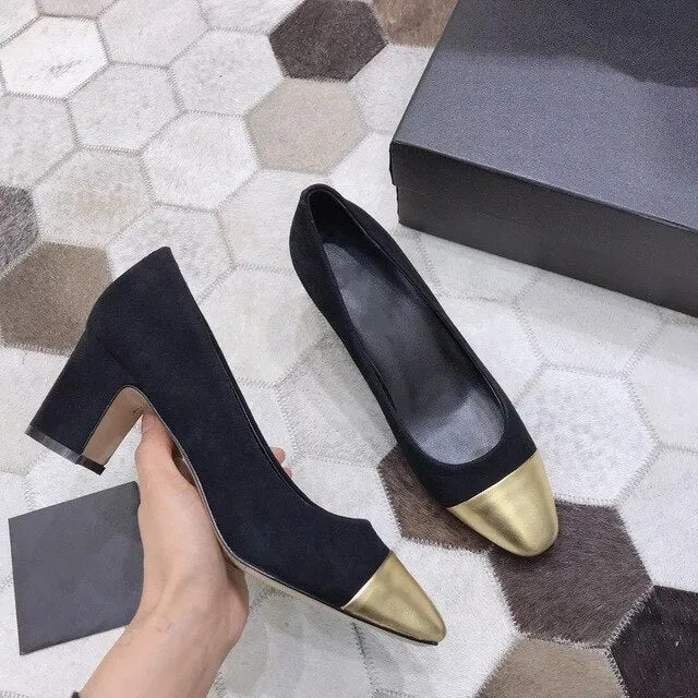 Women's Shoes Genuine Leather Shoes For Woman Low Heels Pumps Slip On Round Toe Thick Square Heels Plus Size 34-42