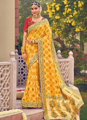 Yellow And Red Multi Embroidery Traditional Wedding Saree