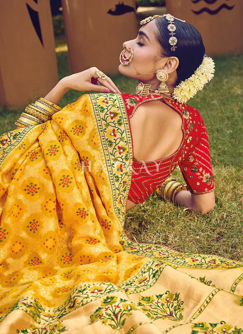 Yellow And Red Multi Embroidery Traditional Wedding Saree