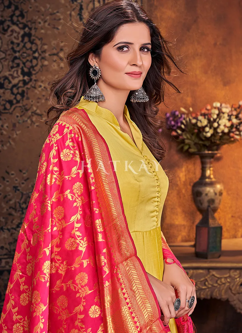 Yellow And Red Silk Embroidered Anarkali Suit