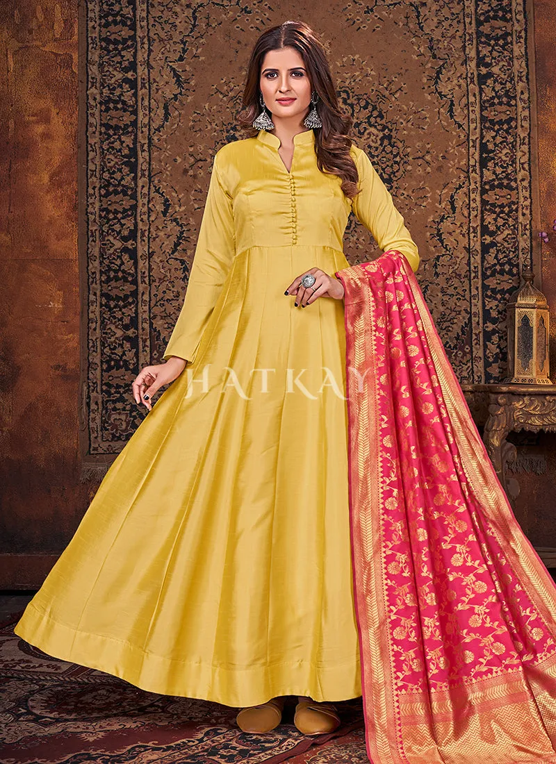 Yellow And Red Silk Embroidered Anarkali Suit