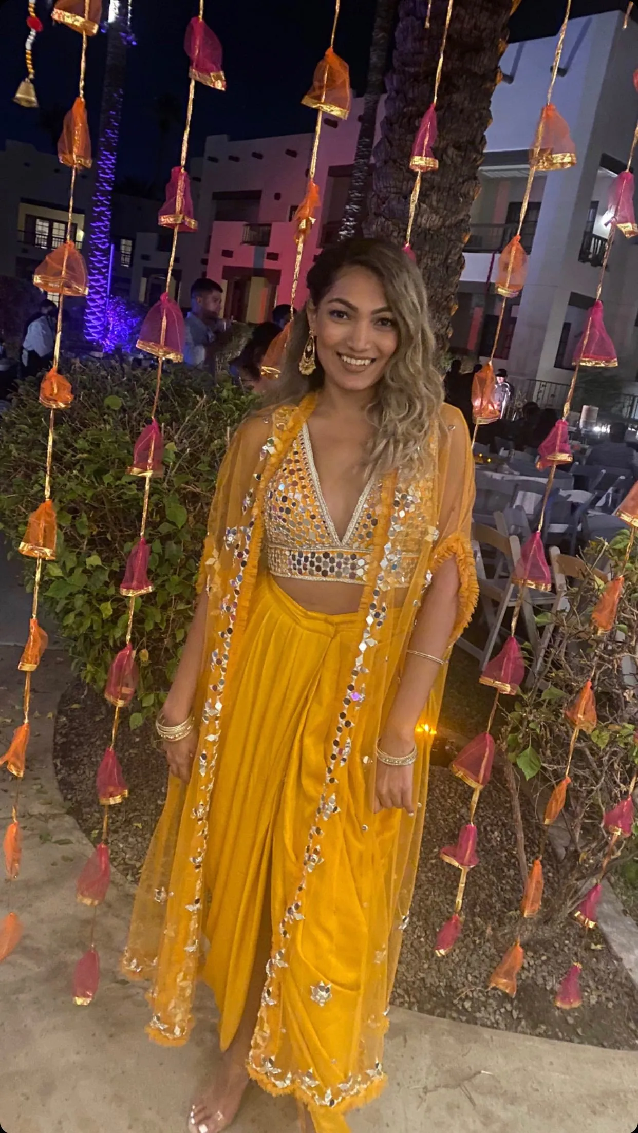 Yellow Mirrored Blouse with Dhoti Skirt & Duster Jacket