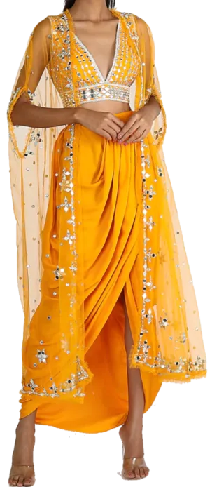 Yellow Mirrored Blouse with Dhoti Skirt & Duster Jacket