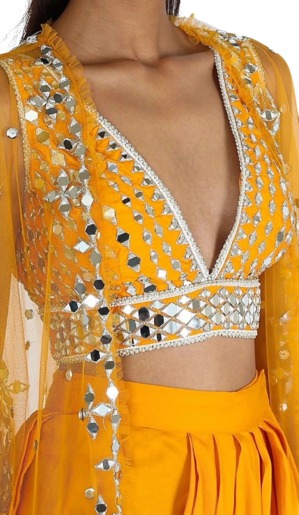 Yellow Mirrored Blouse with Dhoti Skirt & Duster Jacket