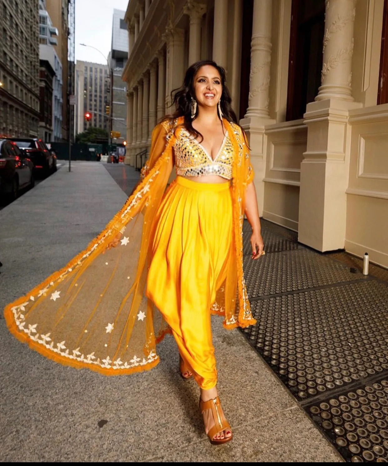 Yellow Mirrored Blouse with Dhoti Skirt & Duster Jacket