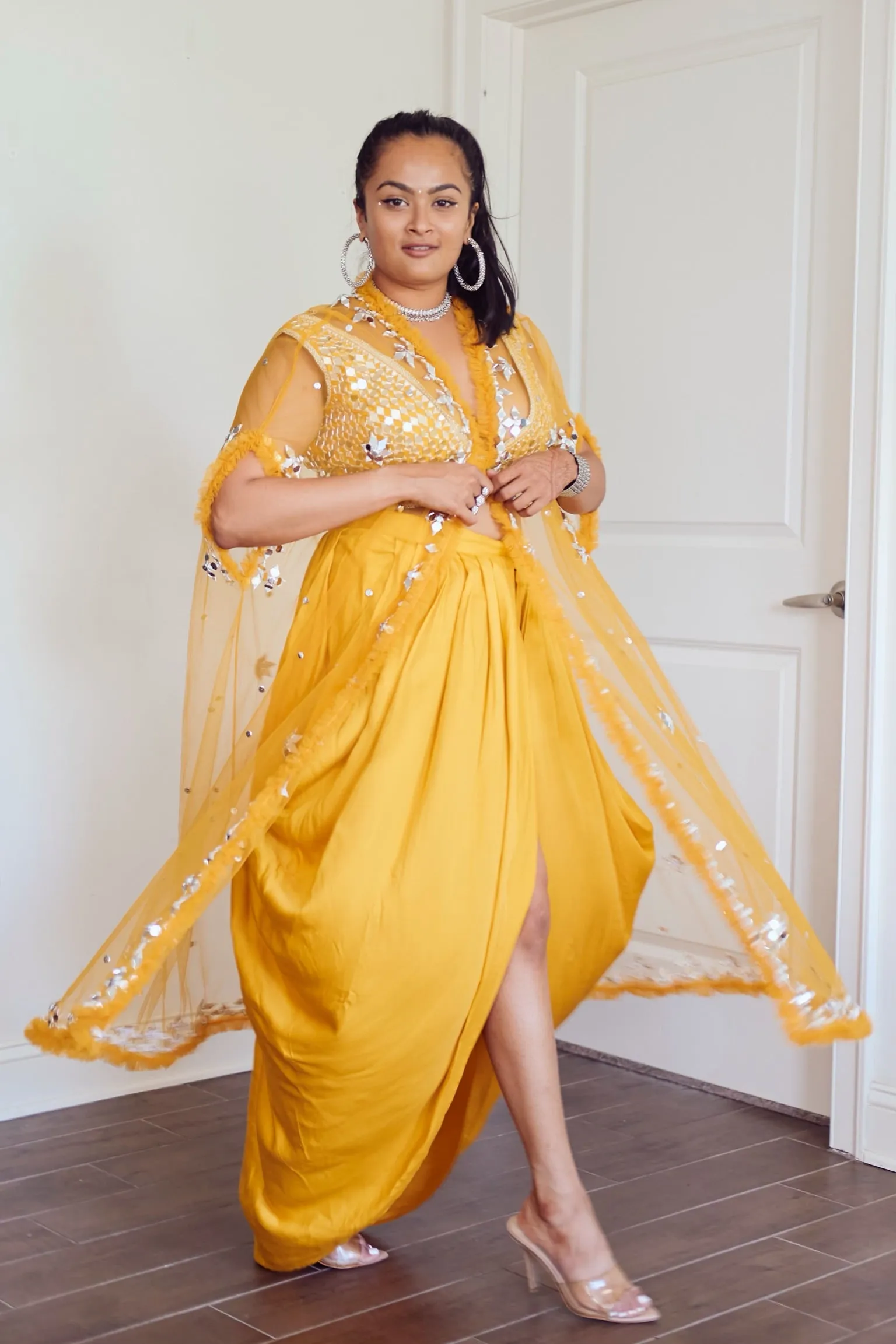 Yellow Mirrored Blouse with Dhoti Skirt & Duster Jacket
