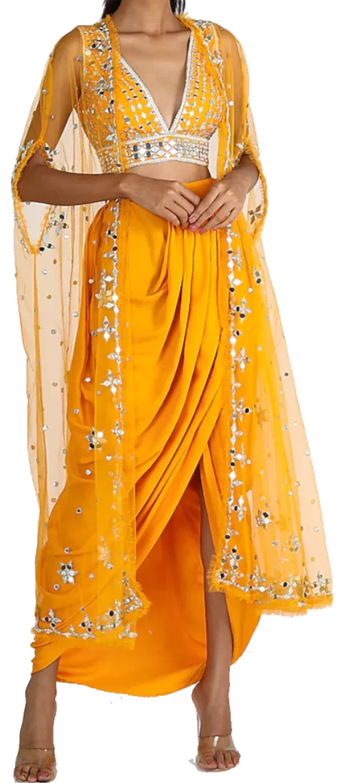 Yellow Mirrored Blouse with Dhoti Skirt & Duster Jacket