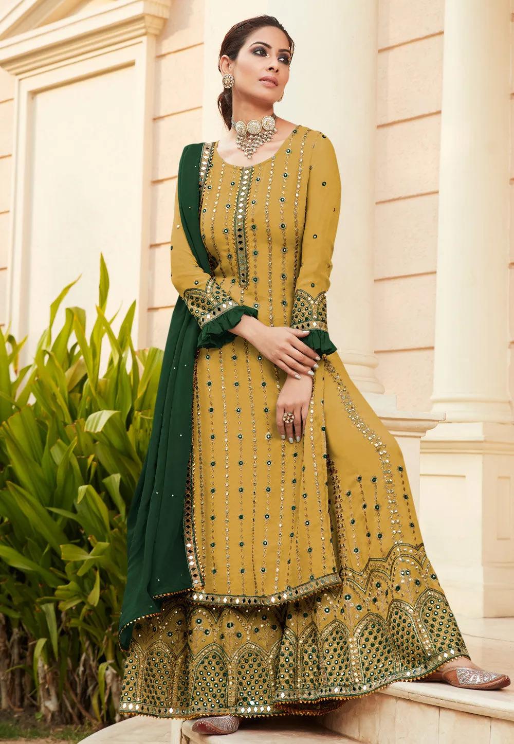 Yellow Mirrorwork Embroidered Gharara Suit