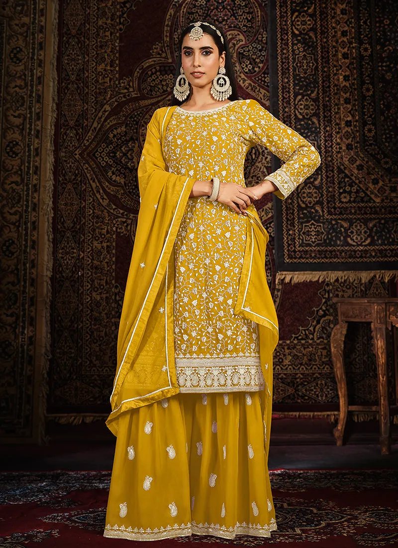 Yellow Sequence Embroidery Traditional Gharara Suit