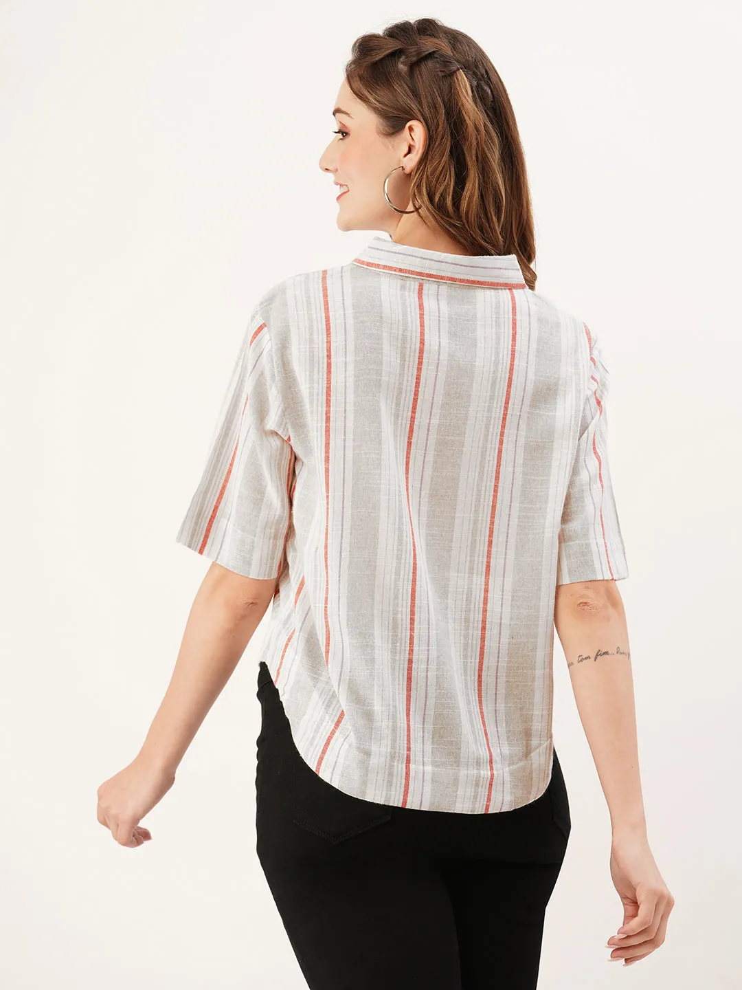 ZOLA Collar Neck Cotton All Over Stripe Print Half Sleeves Grey Straight Top For Women