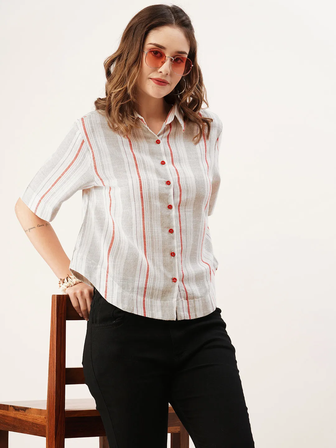 ZOLA Collar Neck Cotton All Over Stripe Print Half Sleeves Grey Straight Top For Women