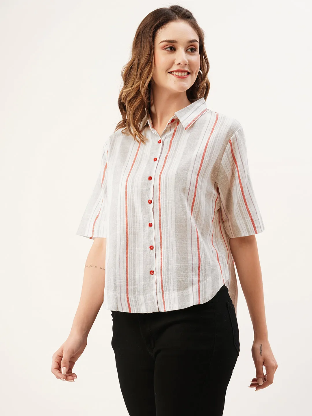 ZOLA Collar Neck Cotton All Over Stripe Print Half Sleeves Grey Straight Top For Women