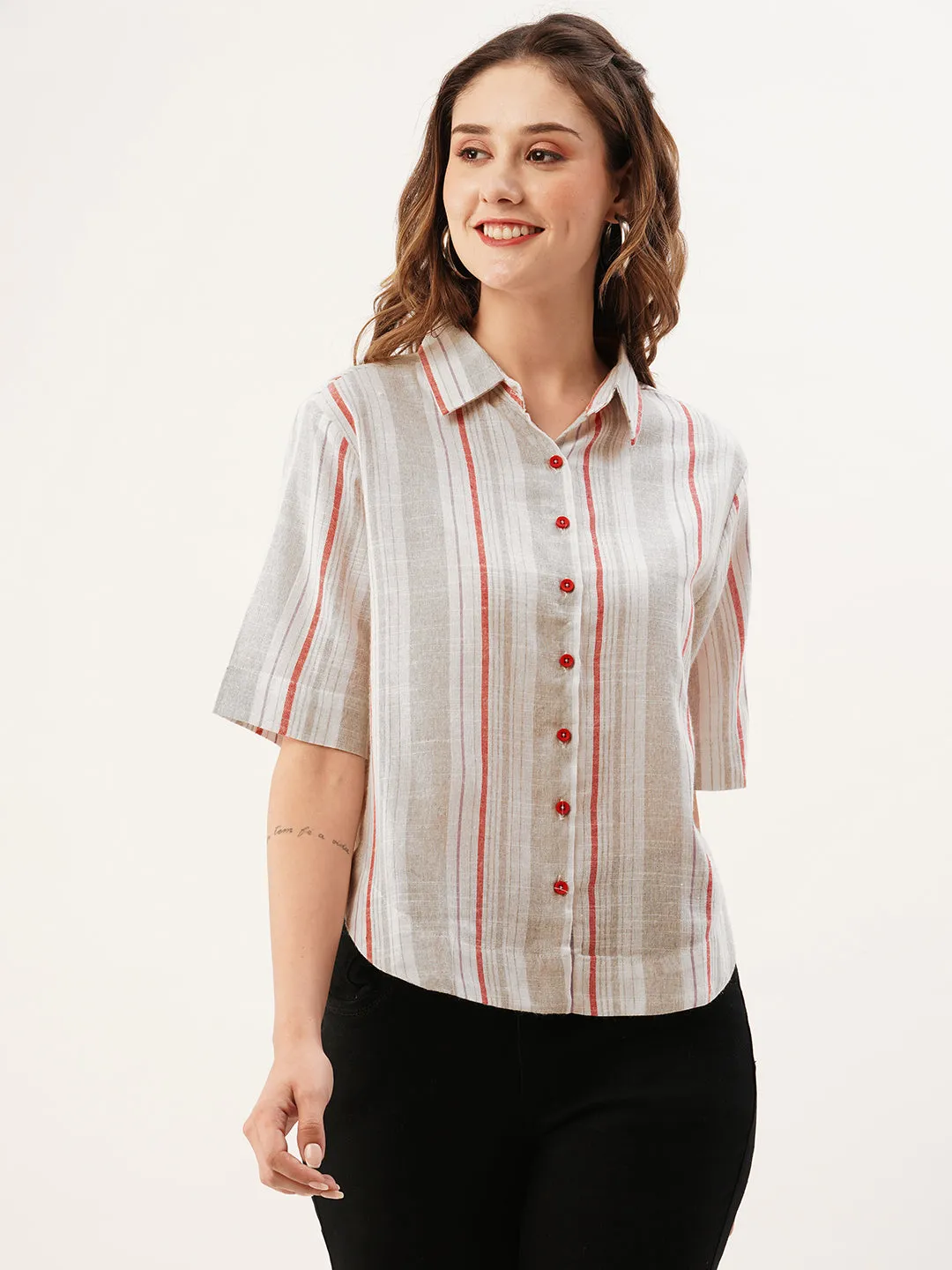 ZOLA Collar Neck Cotton All Over Stripe Print Half Sleeves Grey Straight Top For Women
