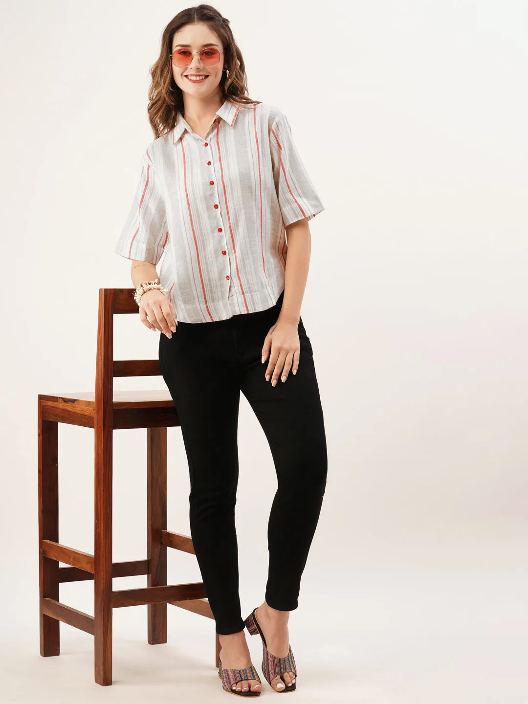 ZOLA Collar Neck Cotton All Over Stripe Print Half Sleeves Grey Straight Top For Women